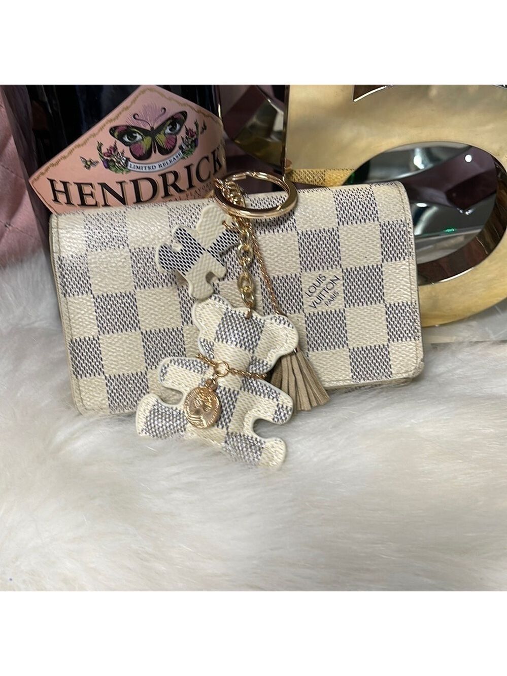 BLUE & WHITE CHECKERED BEAR CHARM KEYCHAIN WITH TASSEL